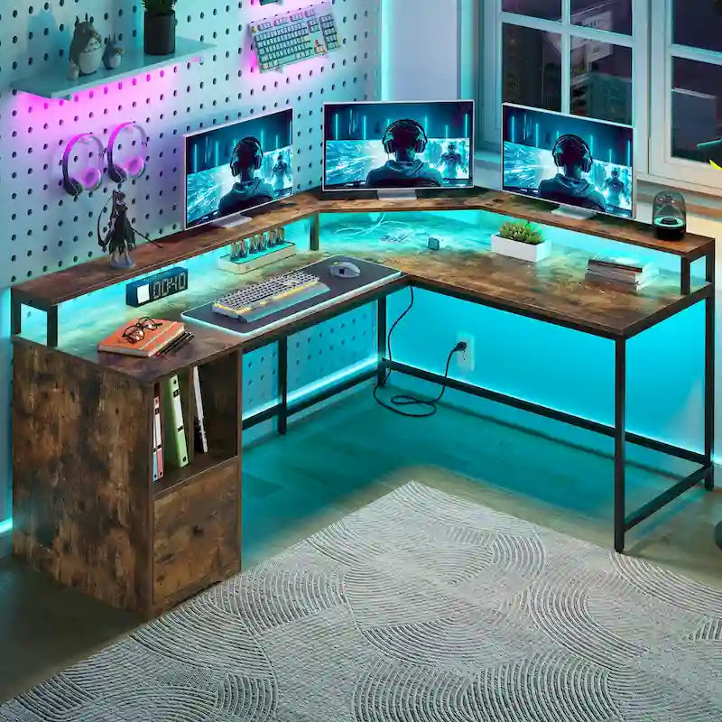 Bureau de jeu en L de 66 pouces avec étagères et support d'écran, bureau à domicile