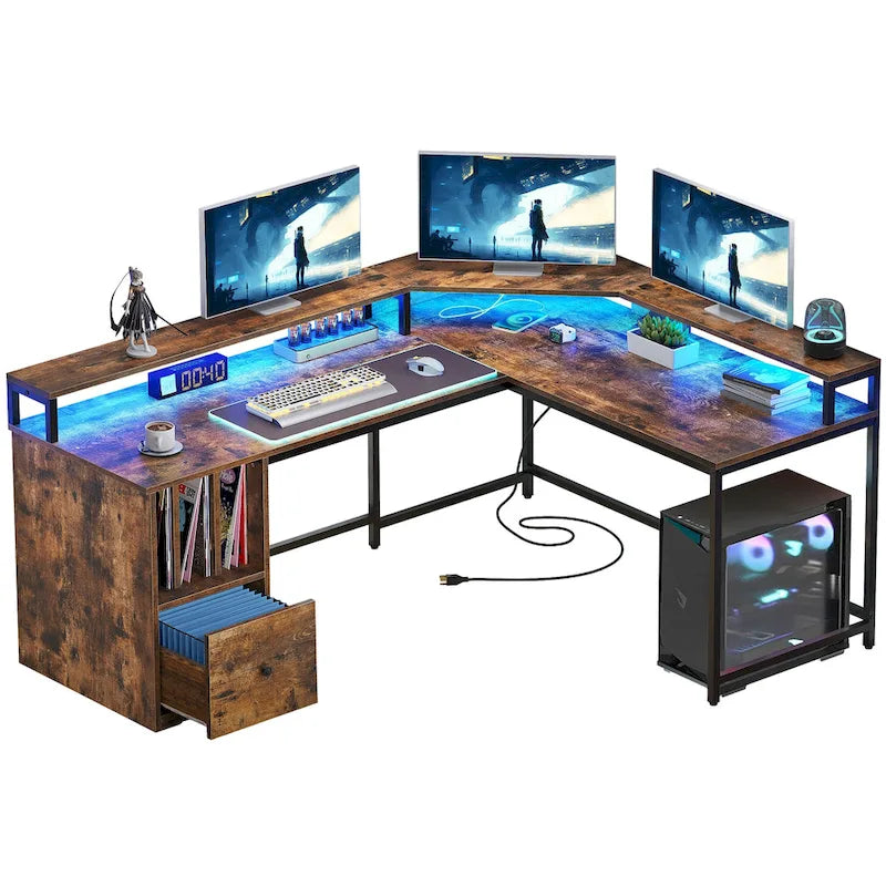Bureau de jeu en L de 66 pouces avec étagères et support d'écran, bureau à domicile