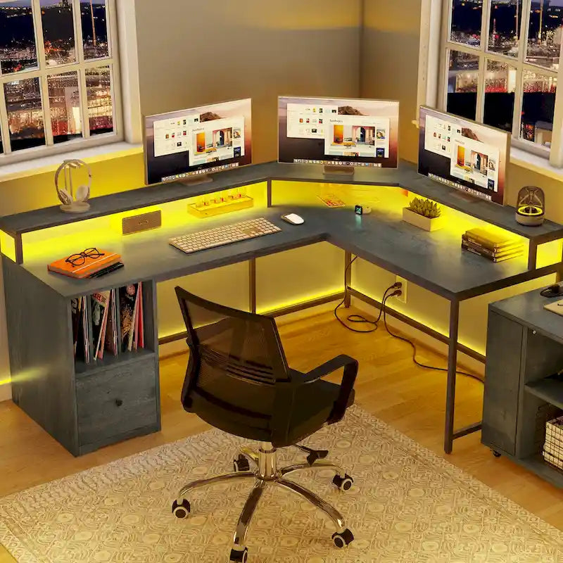 Bureau de jeu en L de 66 pouces avec étagères et support d'écran, bureau à domicile