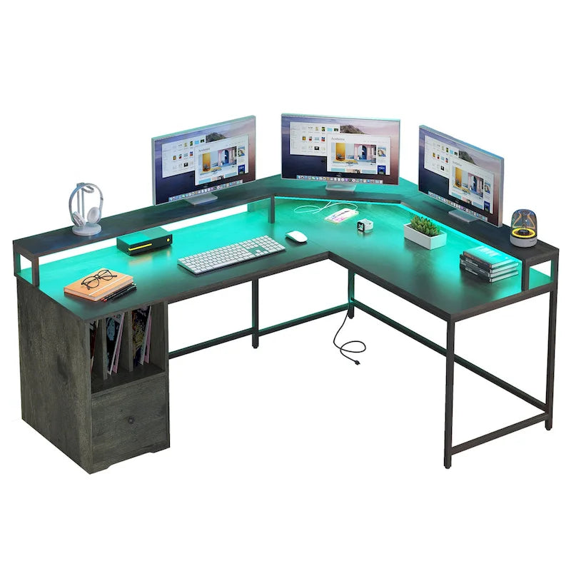 Bureau de jeu en L de 66 pouces avec étagères et support d'écran, bureau à domicile