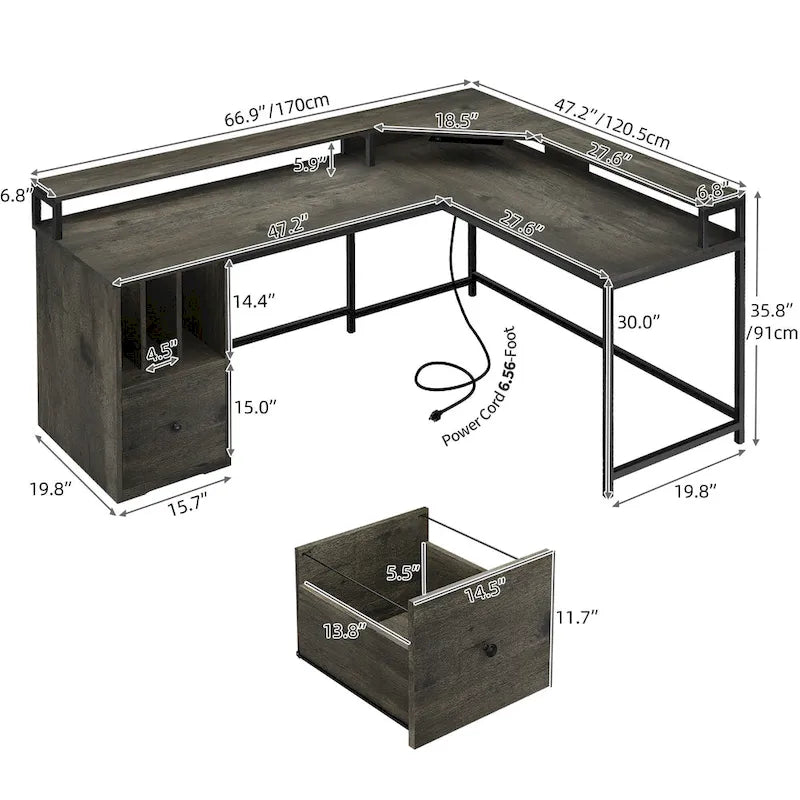 Bureau de jeu en L de 66 pouces avec étagères et support d'écran, bureau à domicile