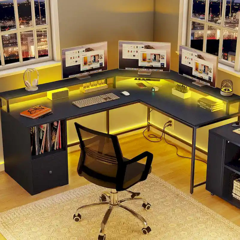 Bureau de jeu en L de 66 pouces avec étagères et support d'écran, bureau à domicile
