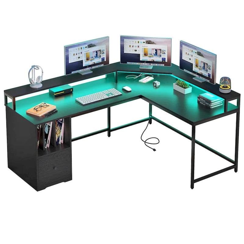 Bureau de jeu en L de 66 pouces avec étagères et support d'écran, bureau à domicile