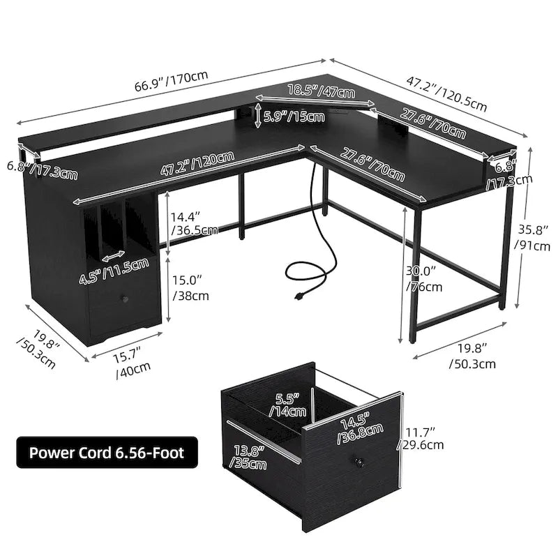 Bureau de jeu en L de 66 pouces avec étagères et support d'écran, bureau à domicile