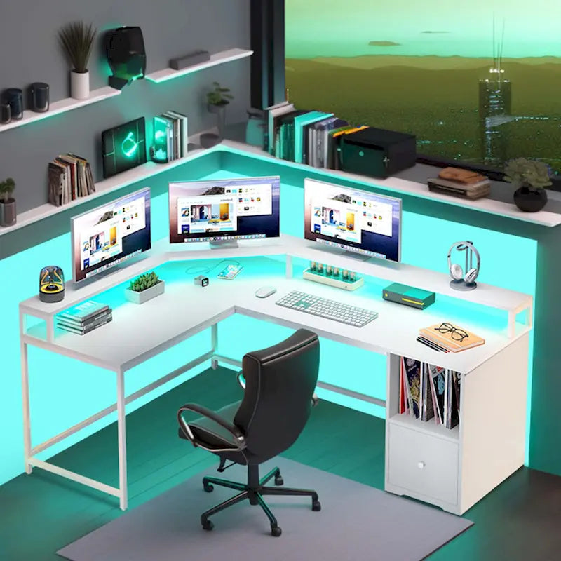 Bureau de jeu en L de 66 pouces avec étagères et support d'écran, bureau à domicile