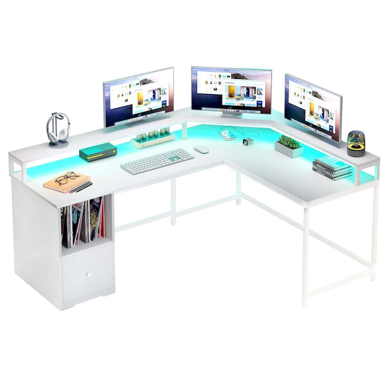 Bureau de jeu en L de 66 pouces avec étagères et support d'écran, bureau à domicile
