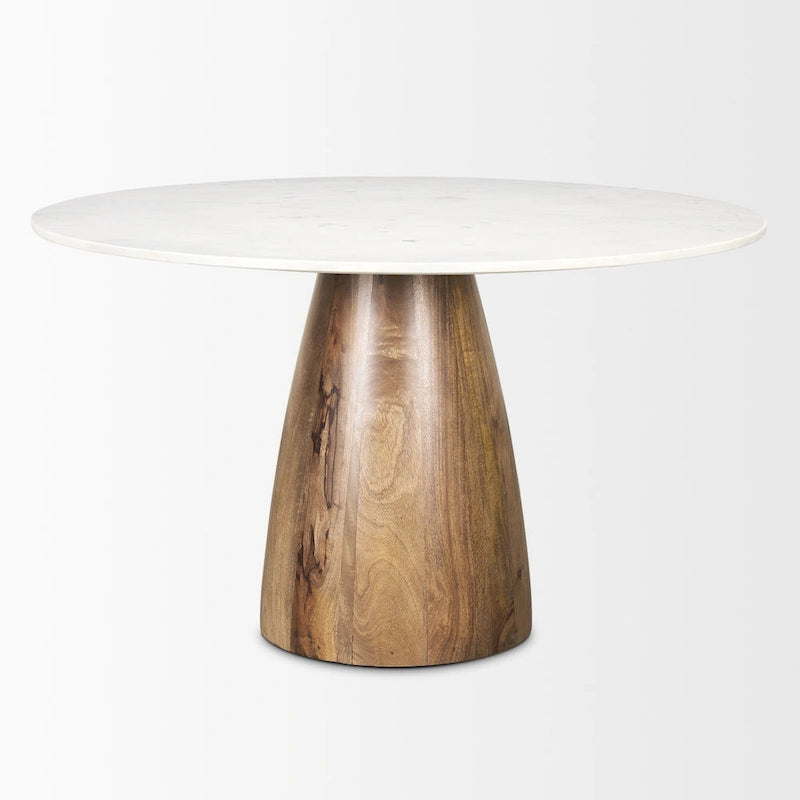 Allyson Table de salle à manger piédestal en marbre blanc et brun moyen, ronde, 48 po - 48,0 L x 48,0 l x 30,0 H