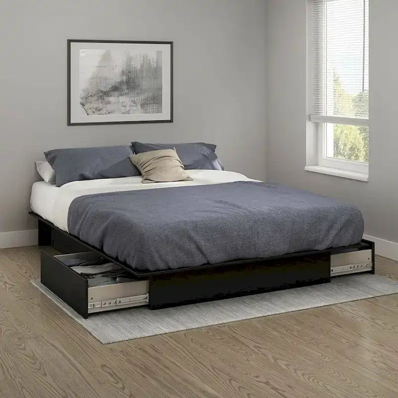 Cadre de lit plateforme Queen avec 2 tiroirs de rangement en bois noir