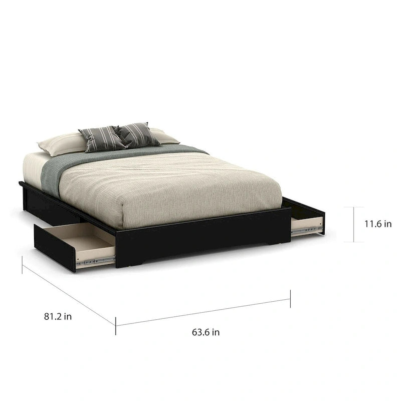 Cadre de lit plateforme Queen avec 2 tiroirs de rangement en bois noir