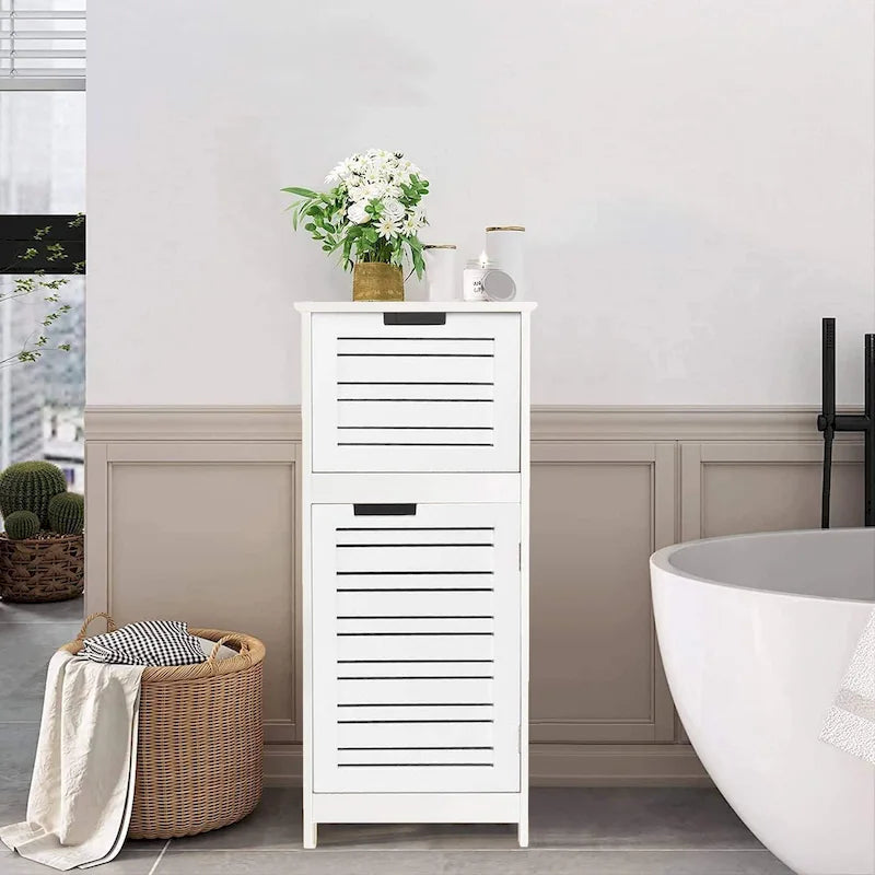Meuble de Rangement pour Linge de Bain Blanc Miami avec Porte et Tiroir Ventilés - 14.7L x 11.13W x 32.12H