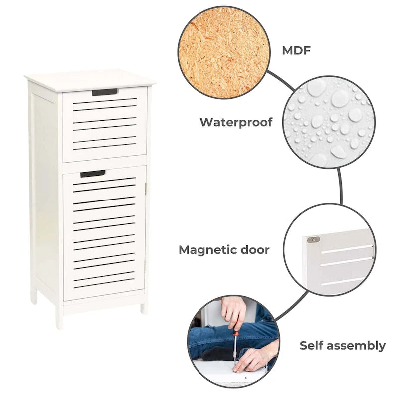 Meuble de Rangement pour Linge de Bain Blanc Miami avec Porte et Tiroir Ventilés - 14.7L x 11.13W x 32.12H