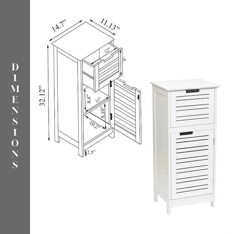 Meuble de Rangement pour Linge de Bain Blanc Miami avec Porte et Tiroir Ventilés - 14.7L x 11.13W x 32.12H