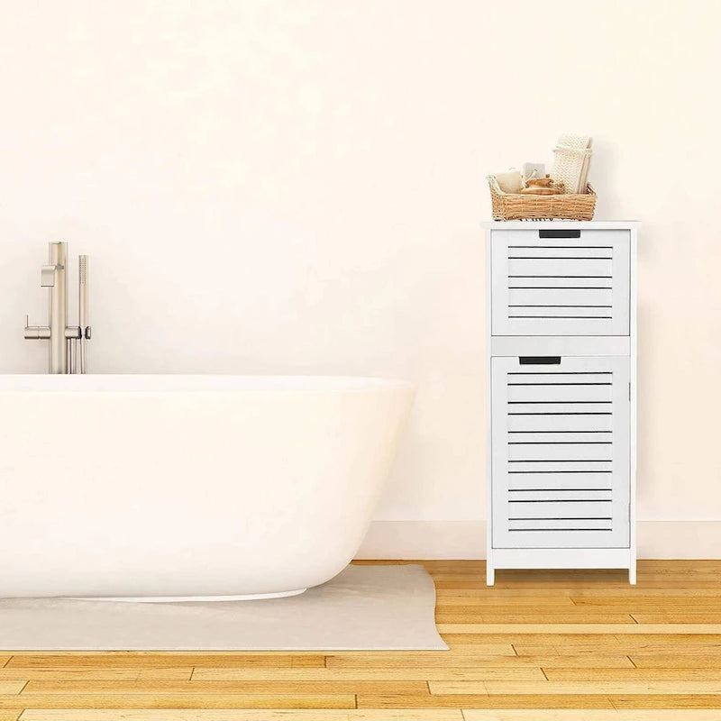 Meuble de Rangement pour Linge de Bain Blanc Miami avec Porte et Tiroir Ventilés - 14.7L x 11.13W x 32.12H