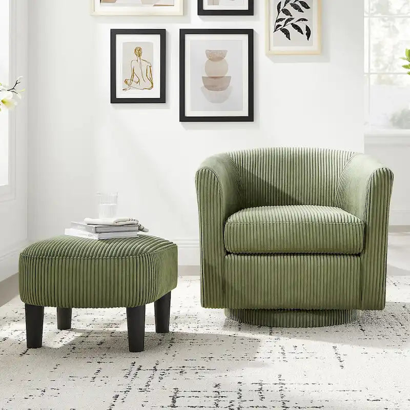 Fauteuil d'appoint pivotant à 360° en velours côtelé, canapé individuel confortable avec ottoman pour salon ou chambre à coucher