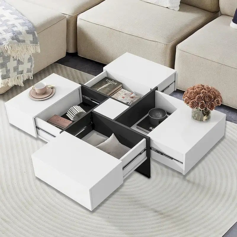 Table basse unique et élégante en bois avec plateau coulissant extensible