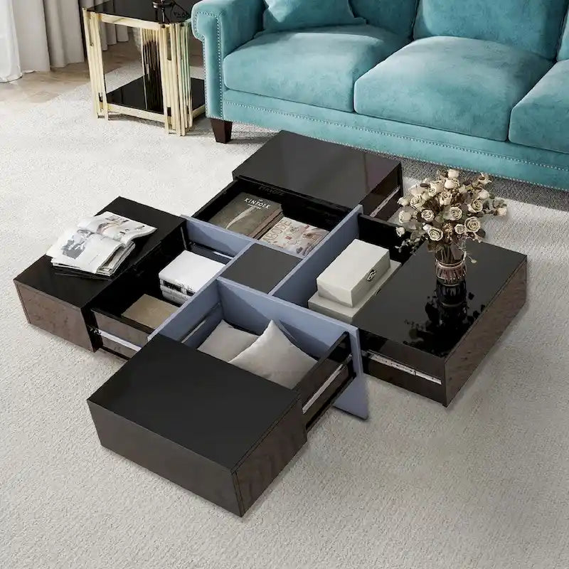 Table basse unique et élégante en bois avec plateau coulissant extensible