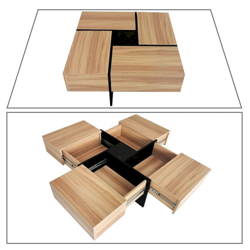 Table basse unique et élégante en bois avec plateau coulissant extensible