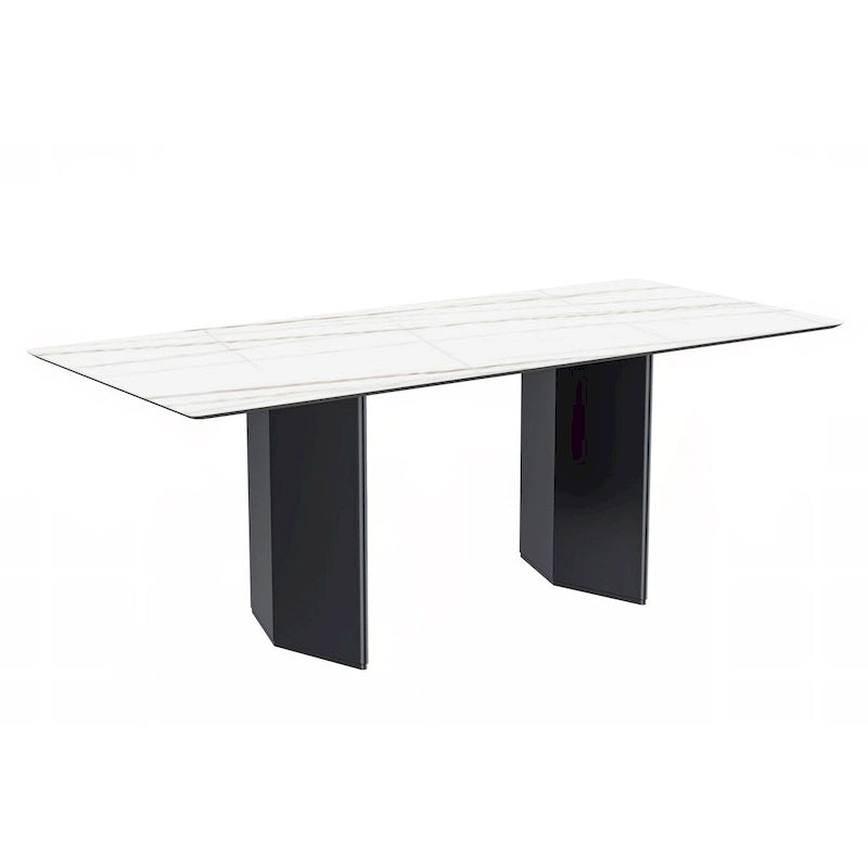 Table à manger rectangulaire avec plateau en verre/pierre frittée et piètement en acier