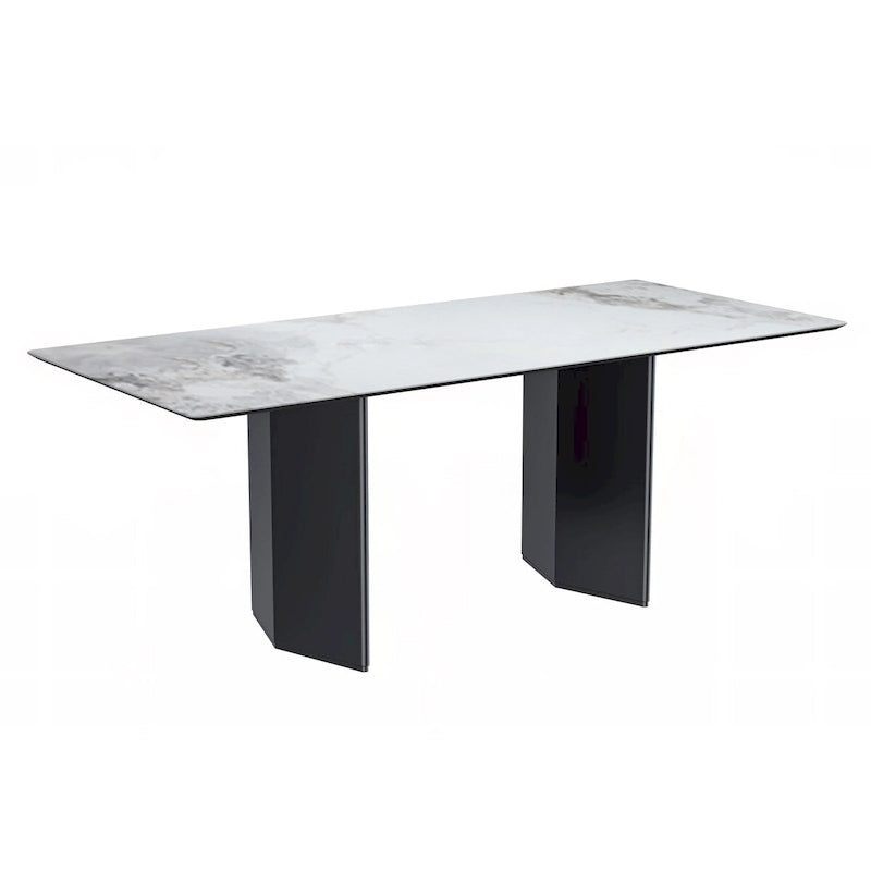 Table à manger rectangulaire avec plateau en verre/pierre frittée et piètement en acier