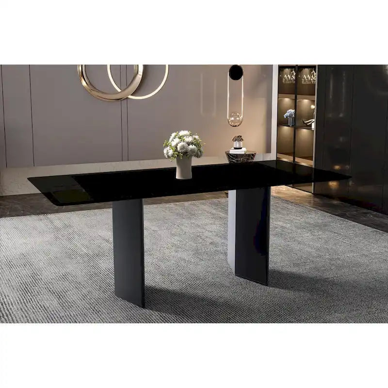 Table à manger rectangulaire avec plateau en verre/pierre frittée et piètement en acier