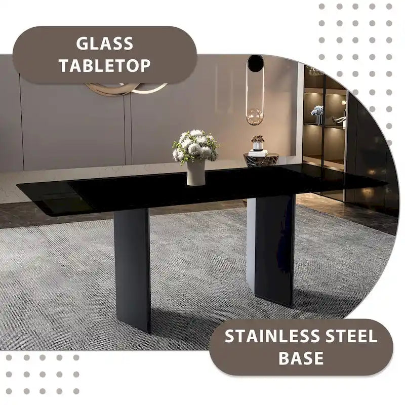 Table à manger rectangulaire avec plateau en verre/pierre frittée et piètement en acier