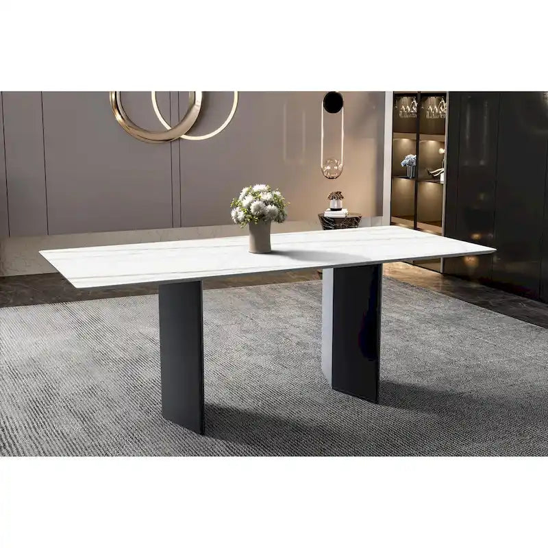 Table à manger rectangulaire avec plateau en verre/pierre frittée et piètement en acier