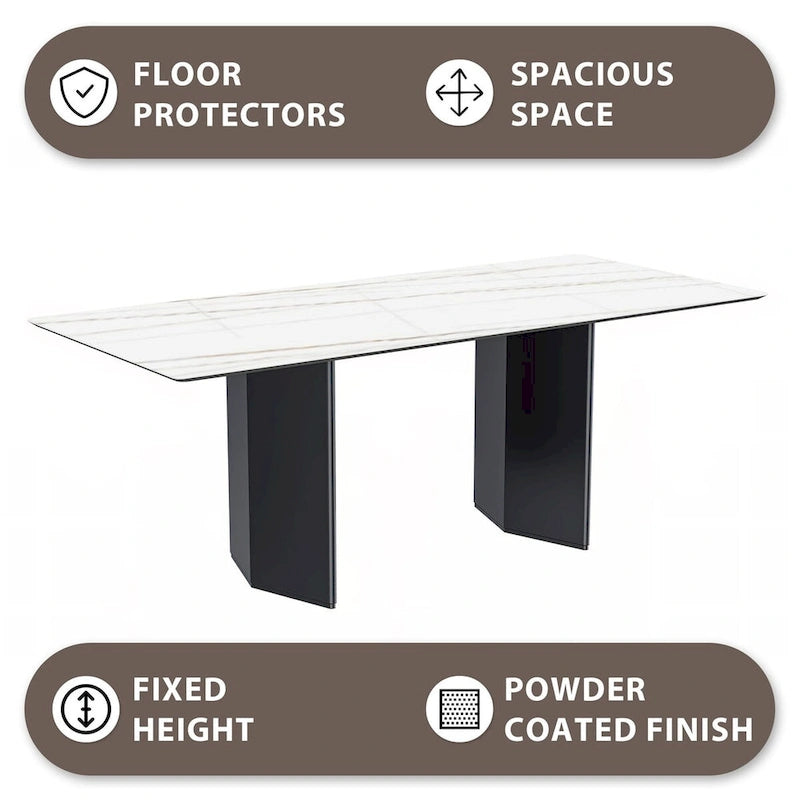 Table à manger rectangulaire avec plateau en verre/pierre frittée et piètement en acier