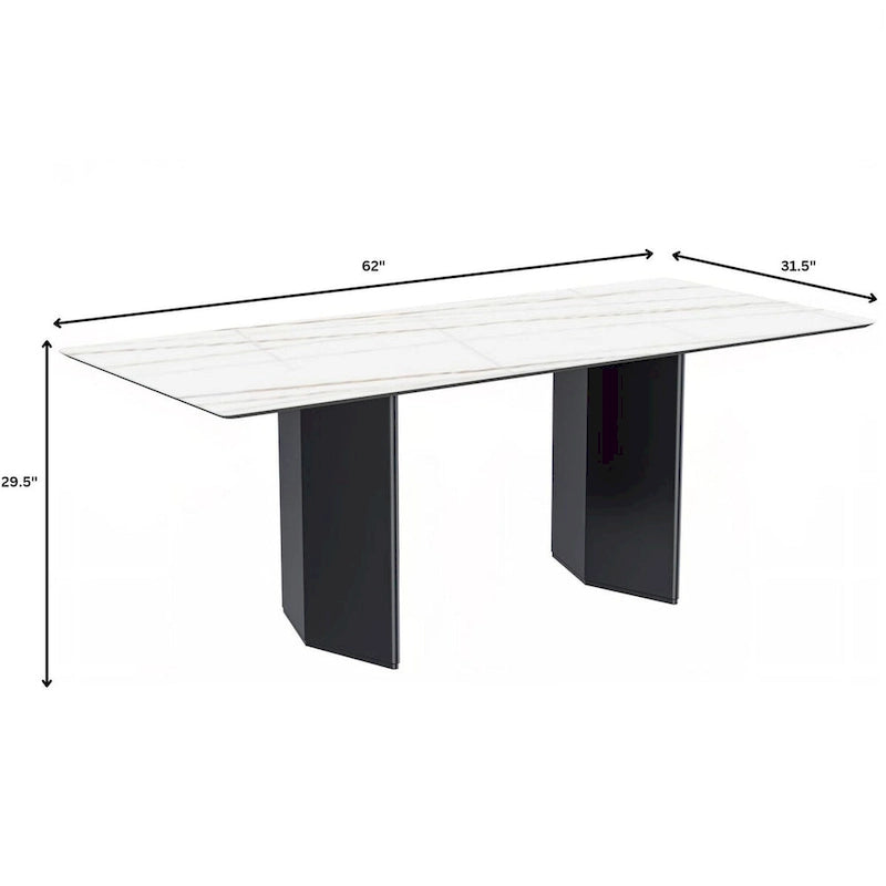 Table à manger rectangulaire avec plateau en verre/pierre frittée et piètement en acier