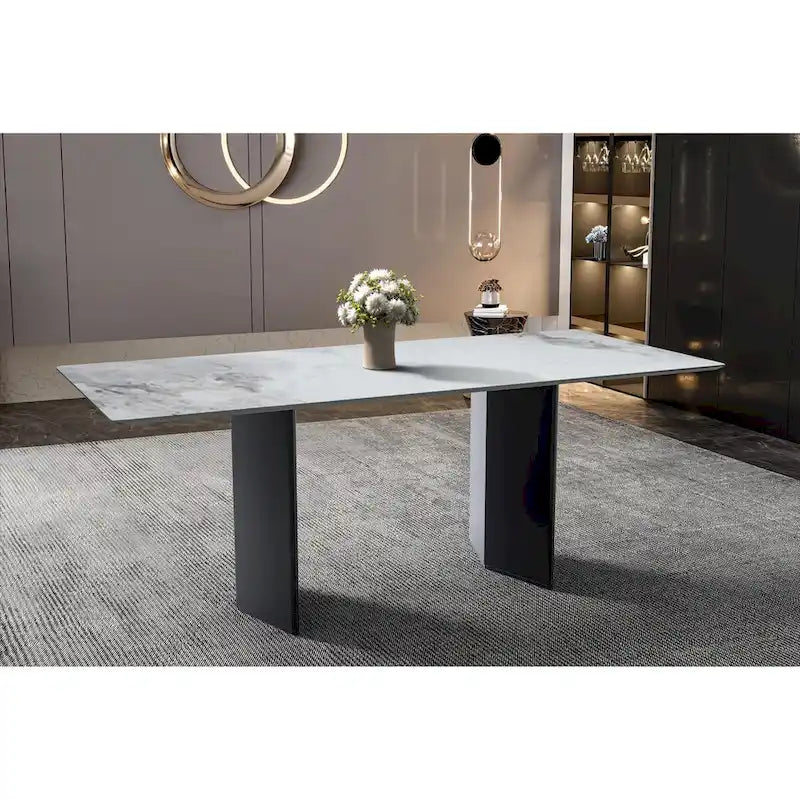 Table à manger rectangulaire avec plateau en verre/pierre frittée et piètement en acier