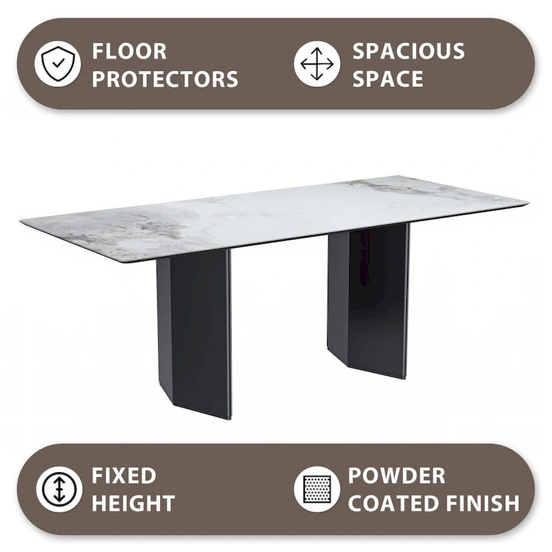 Table à manger rectangulaire avec plateau en verre/pierre frittée et piètement en acier