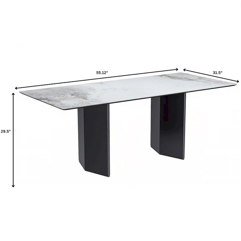 Table à manger rectangulaire avec plateau en verre/pierre frittée et piètement en acier