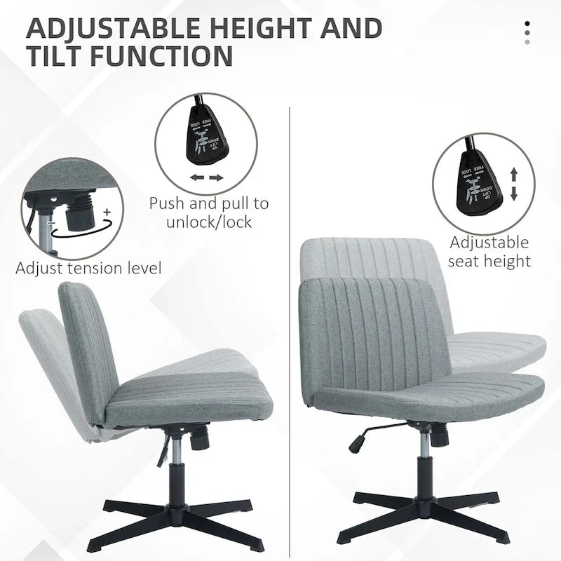 Chaise de bureau large, Chaise de bureau sans accoudoirs, Chaise de coiffeuse en tissu avec hauteur réglable