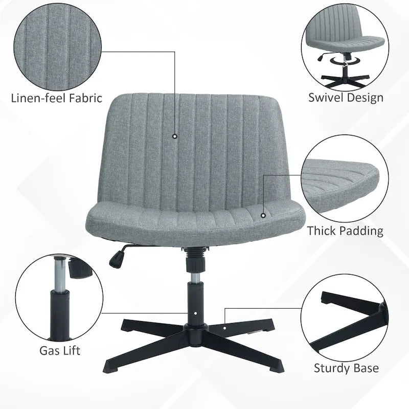 Chaise de bureau large, Chaise de bureau sans accoudoirs, Chaise de coiffeuse en tissu avec hauteur réglable