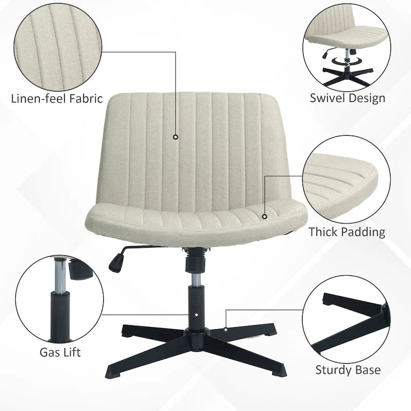 Chaise de bureau large, Chaise de bureau sans accoudoirs, Chaise de coiffeuse en tissu avec hauteur réglable