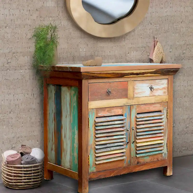 Meuble de Rangement à Linge en Teck Recyclé avec 2 Portes Persiennes et 2 Tiroirs